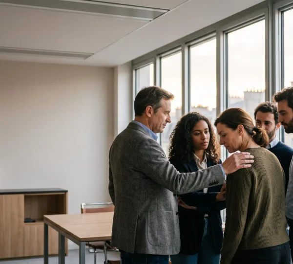 Équipe de collaborateurs français unis et solidaires dans un bureau moderne pendant une période de crise en entreprise