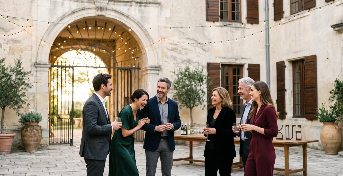 Invites elegants echangeant avec emotion lors d'une reception privee dans un monument historique francais au coucher du soleil