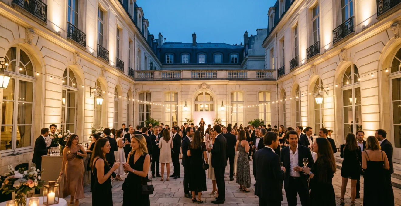 Cour d'un hotel particulier parisien illuminee lors d'un evenement de lancement de produit tres attendu