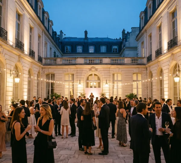Cour d'un hotel particulier parisien illuminee lors d'un evenement de lancement de produit tres attendu