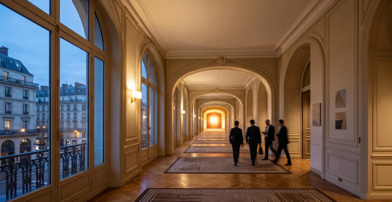 Salle de conférence professionnelle élégante en France transformée en parcours structuré de génération de leads, avec des allées lumineuses guidant les participants