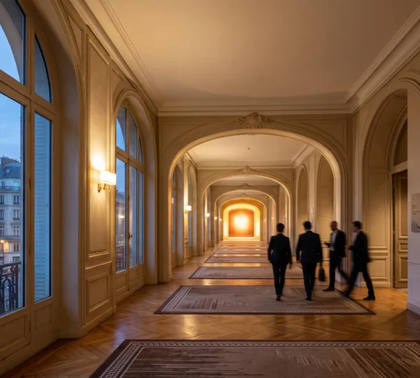 Salle de conférence professionnelle élégante en France transformée en parcours structuré de génération de leads, avec des allées lumineuses guidant les participants