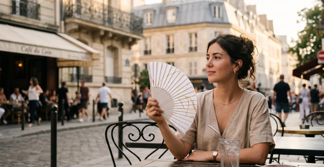 Jeune femme s'éventant avec un éventail personnalisé sur une terrasse parisienne pendant une canicule estivale
