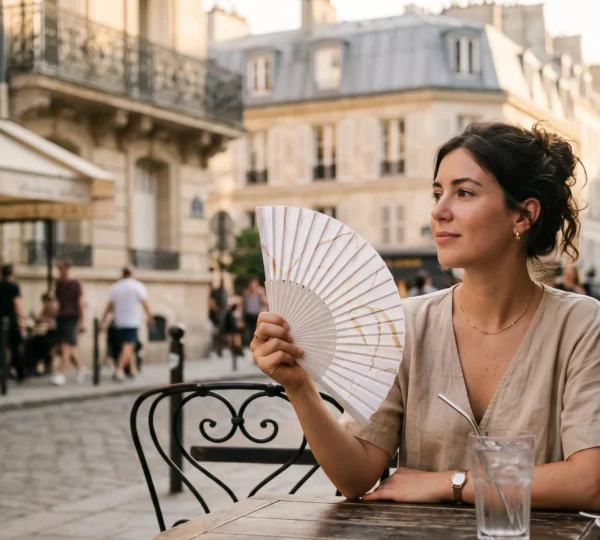 Jeune femme s'éventant avec un éventail personnalisé sur une terrasse parisienne pendant une canicule estivale