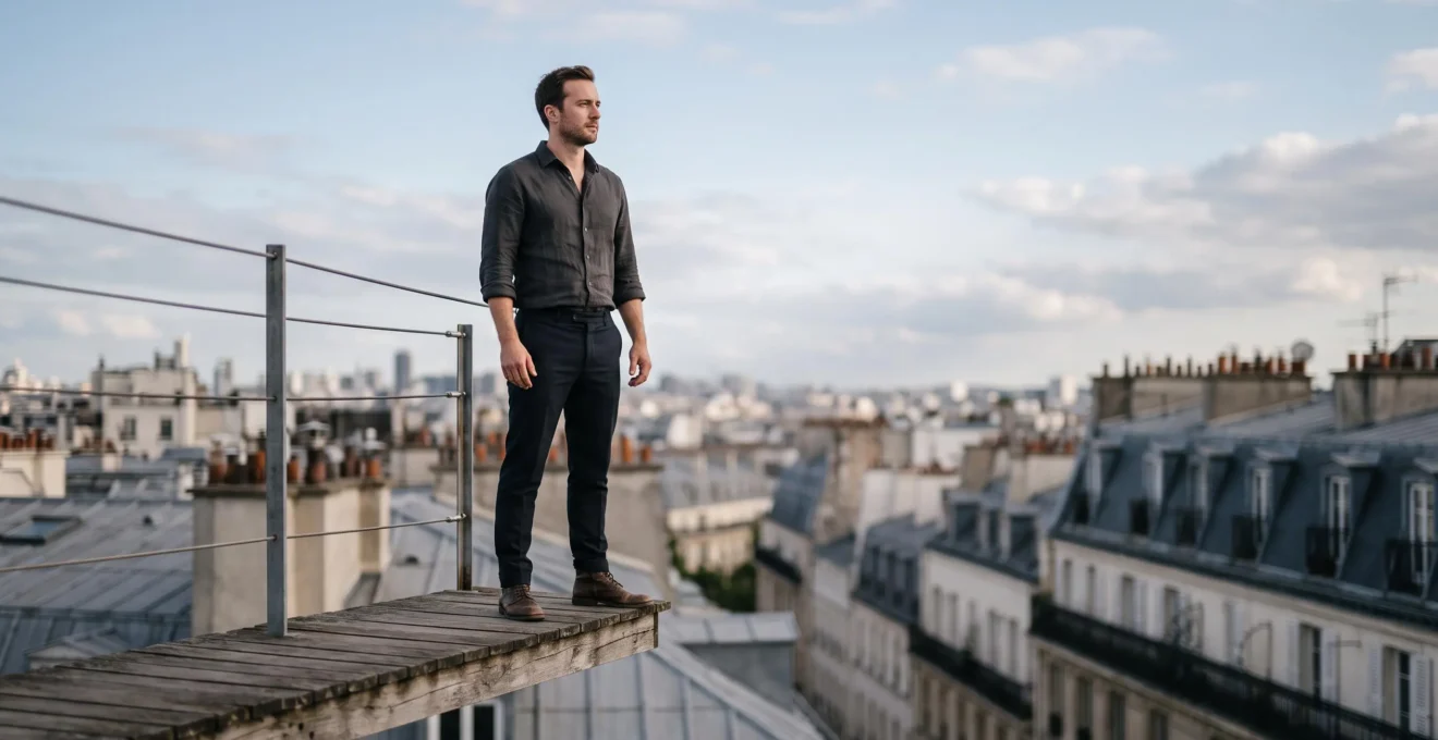Jeune entrepreneur français traversant symboliquement un pont fragile au-dessus d'un vide, représentant les dangers qui menacent les startups avant leur troisième année
