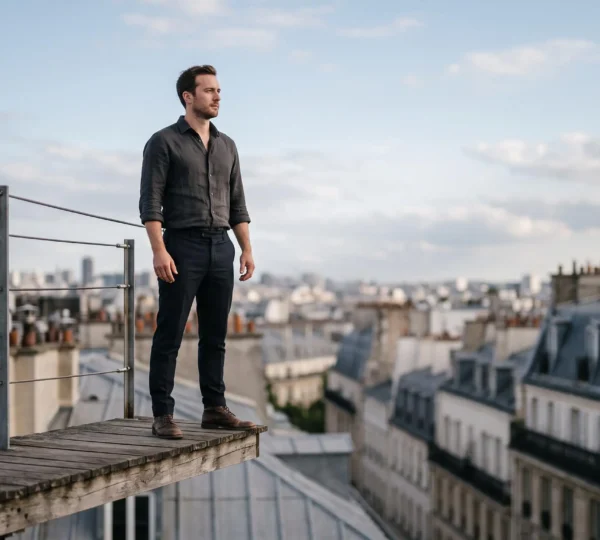 Jeune entrepreneur français traversant symboliquement un pont fragile au-dessus d'un vide, représentant les dangers qui menacent les startups avant leur troisième année