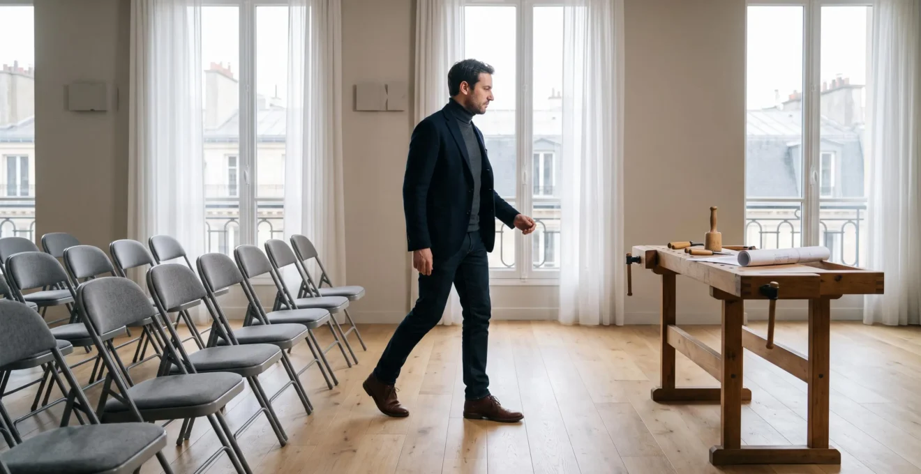 Participant en formation professionnelle passant de l'ecoute passive a la mise en pratique concrete dans un cadre francais elegant
