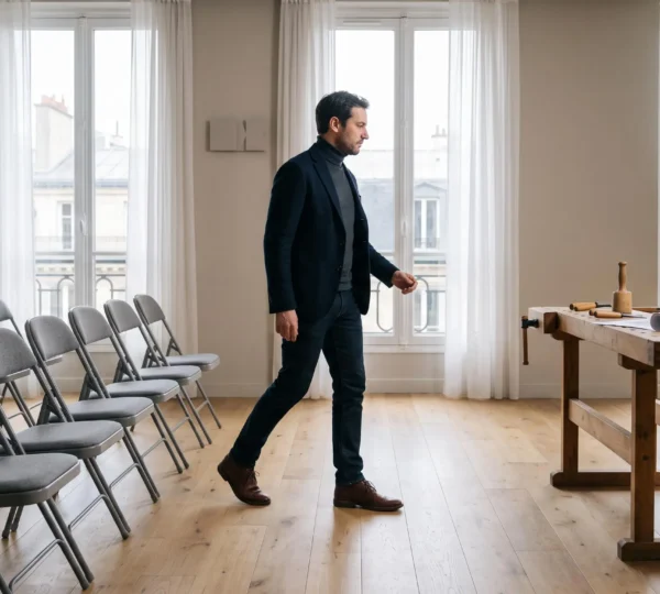 Participant en formation professionnelle passant de l'ecoute passive a la mise en pratique concrete dans un cadre francais elegant