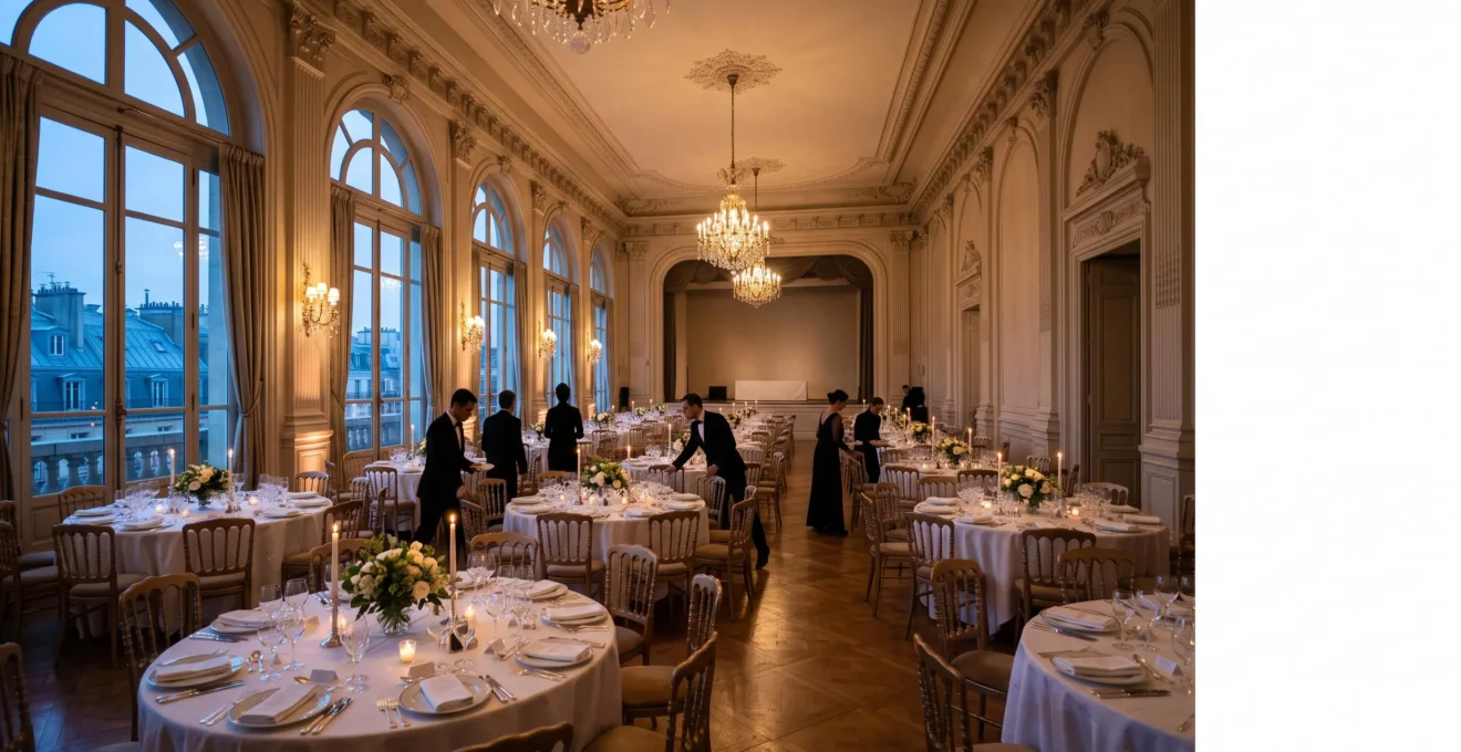 Salle de réception élégante à la française préparée pour un gala de charité, tables dressées et lumière chaleureuse, symbolisant une collecte de fonds réussie