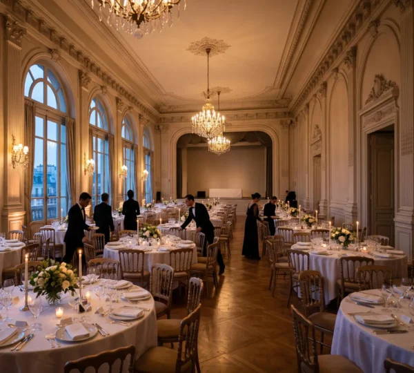 Salle de réception élégante à la française préparée pour un gala de charité, tables dressées et lumière chaleureuse, symbolisant une collecte de fonds réussie
