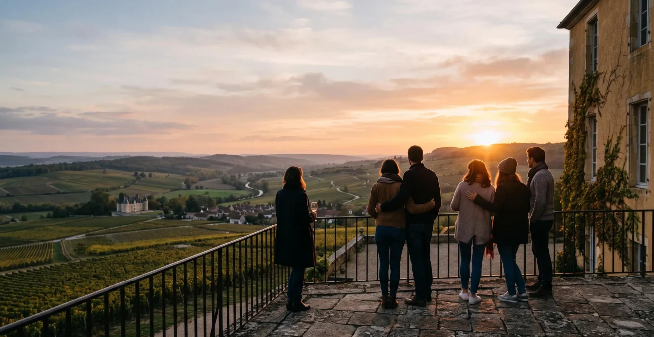 Groupe d'invités silhouettes vivant un moment de complicité au coucher du soleil devant un château français