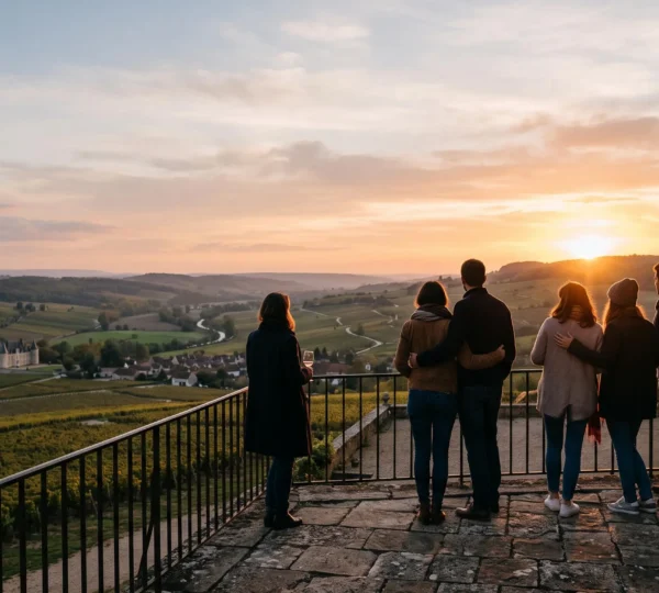 Groupe d'invités silhouettes vivant un moment de complicité au coucher du soleil devant un château français