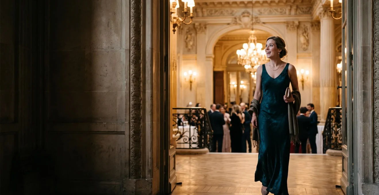 Invité vivant un instant de surprise authentique dans un lieu de réception parisien à l'ambiance dorée et immersive