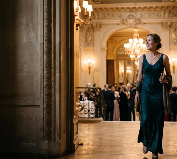 Invité vivant un instant de surprise authentique dans un lieu de réception parisien à l'ambiance dorée et immersive