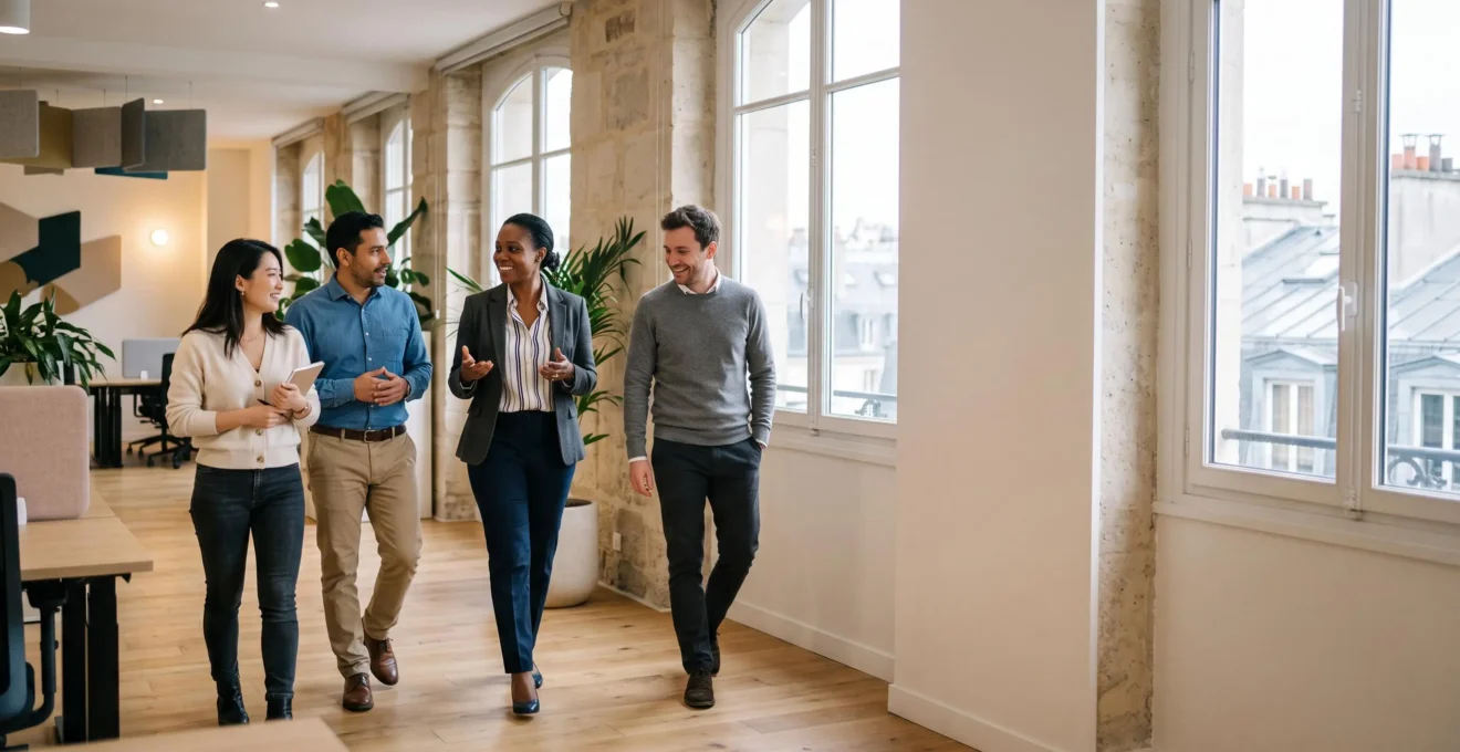 Un dirigeant marchant naturellement au sein d'un groupe de collaborateurs dans un bureau parisien lumineux, incarnant un leadership choisi plutôt qu'imposé