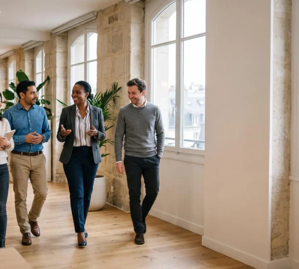 Un dirigeant marchant naturellement au sein d'un groupe de collaborateurs dans un bureau parisien lumineux, incarnant un leadership choisi plutôt qu'imposé