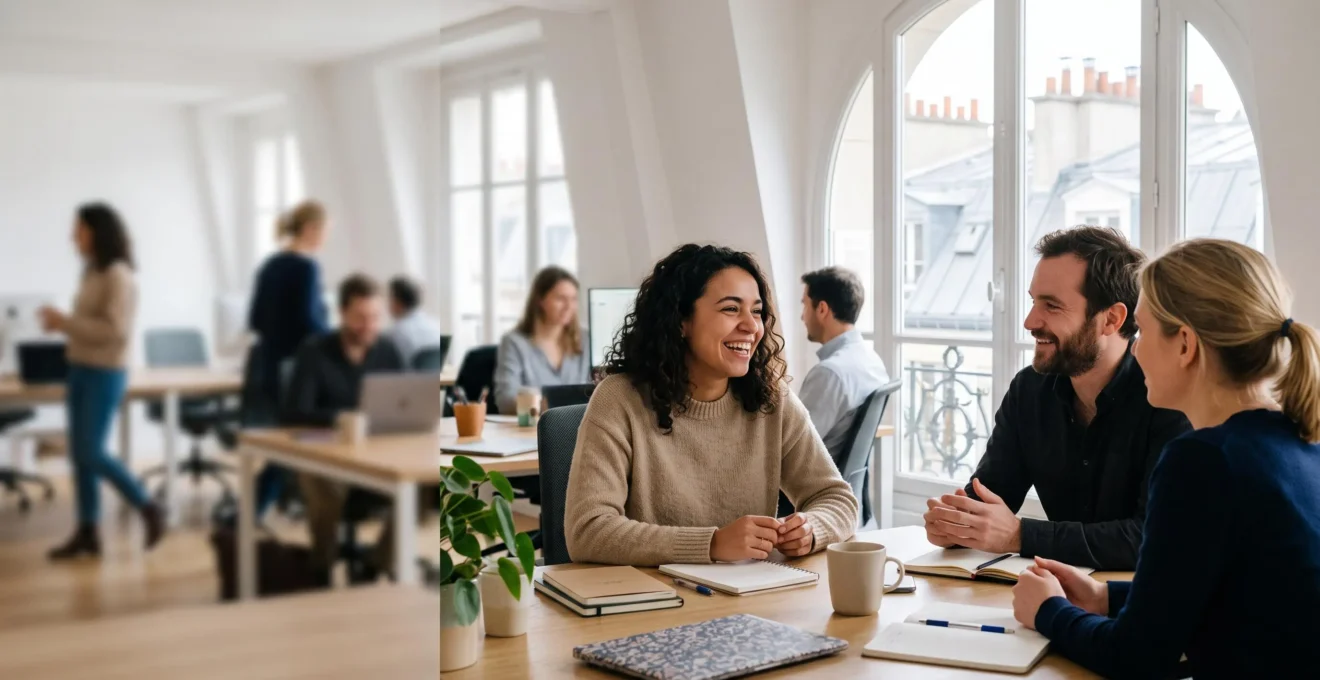 Nouvel arrivant souriant échangeant chaleureusement avec son équipe dans un bureau français lumineux