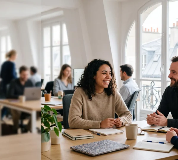 Nouvel arrivant souriant échangeant chaleureusement avec son équipe dans un bureau français lumineux