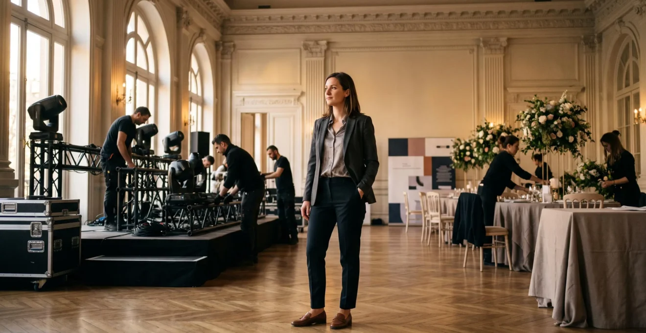 Chef de projet supervisant le montage d'un evenement dans un lieu parisien elegant au lever du jour, entoure de techniciens