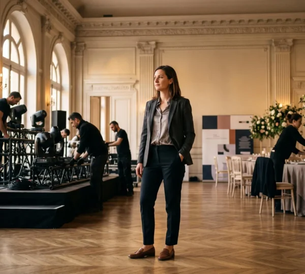 Chef de projet supervisant le montage d'un evenement dans un lieu parisien elegant au lever du jour, entoure de techniciens