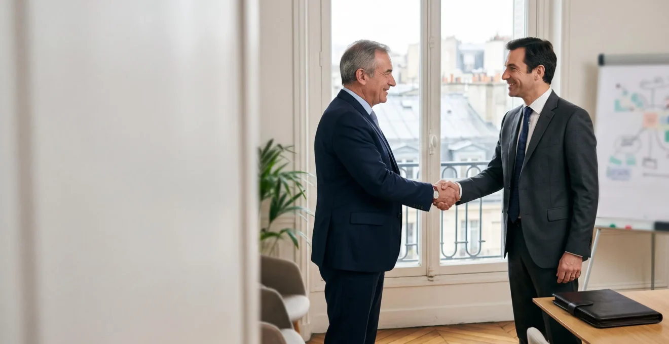 Deux professionnels français scellant un partenariat stratégique de longue durée dans un bureau lumineux