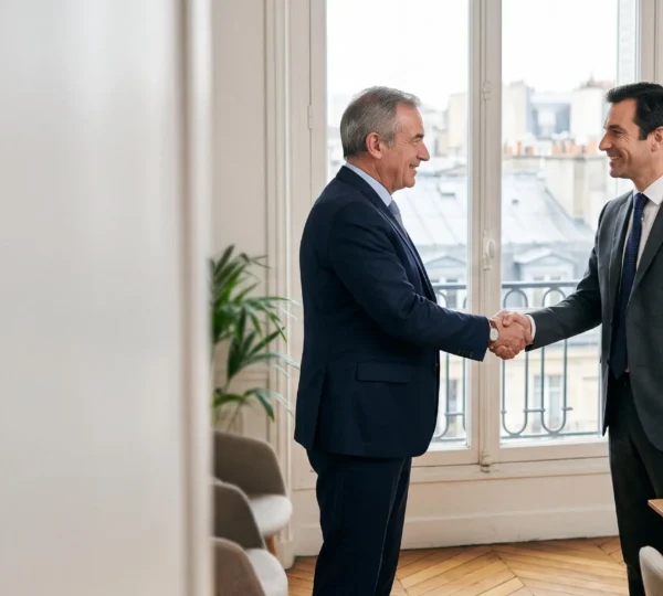 Deux professionnels français scellant un partenariat stratégique de longue durée dans un bureau lumineux