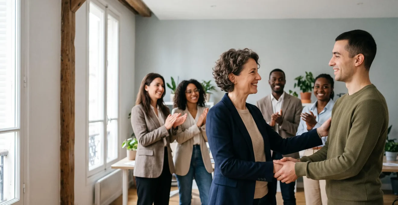 Un manager felicite chaleureusement un collaborateur pendant qu'une equipe souriante et soudee les entoure dans un bureau lumineux a la francaise