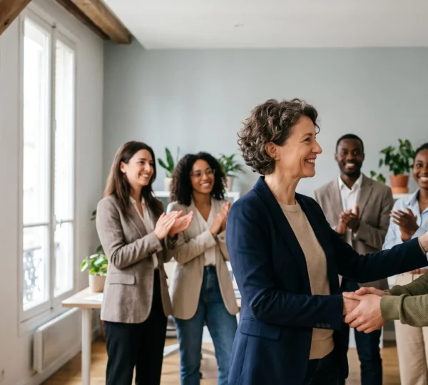 Un manager felicite chaleureusement un collaborateur pendant qu'une equipe souriante et soudee les entoure dans un bureau lumineux a la francaise