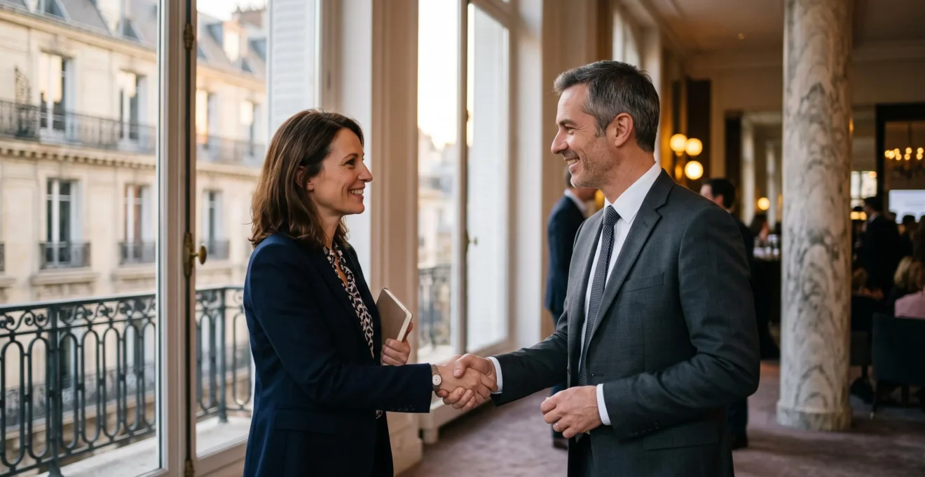 Un consultant échange chaleureusement avec un contact clé lors d'un événement professionnel dans un cadre parisien élégant, illustrant la puissance des relations authentiques