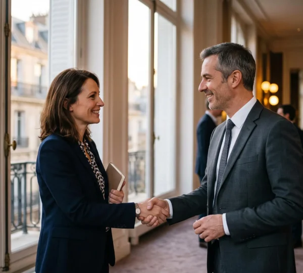 Un consultant échange chaleureusement avec un contact clé lors d'un événement professionnel dans un cadre parisien élégant, illustrant la puissance des relations authentiques