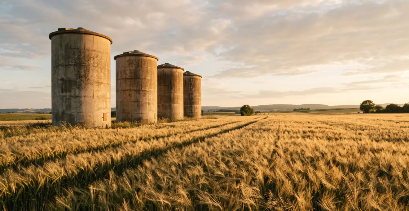 Silos agricoles isolés dans un champ de blé au coucher du soleil, symbolisant les silos organisationnels à briser en entreprise