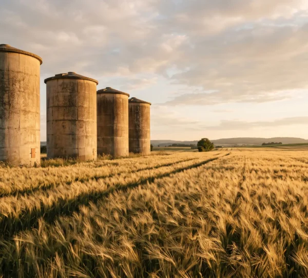 Silos agricoles isolés dans un champ de blé au coucher du soleil, symbolisant les silos organisationnels à briser en entreprise