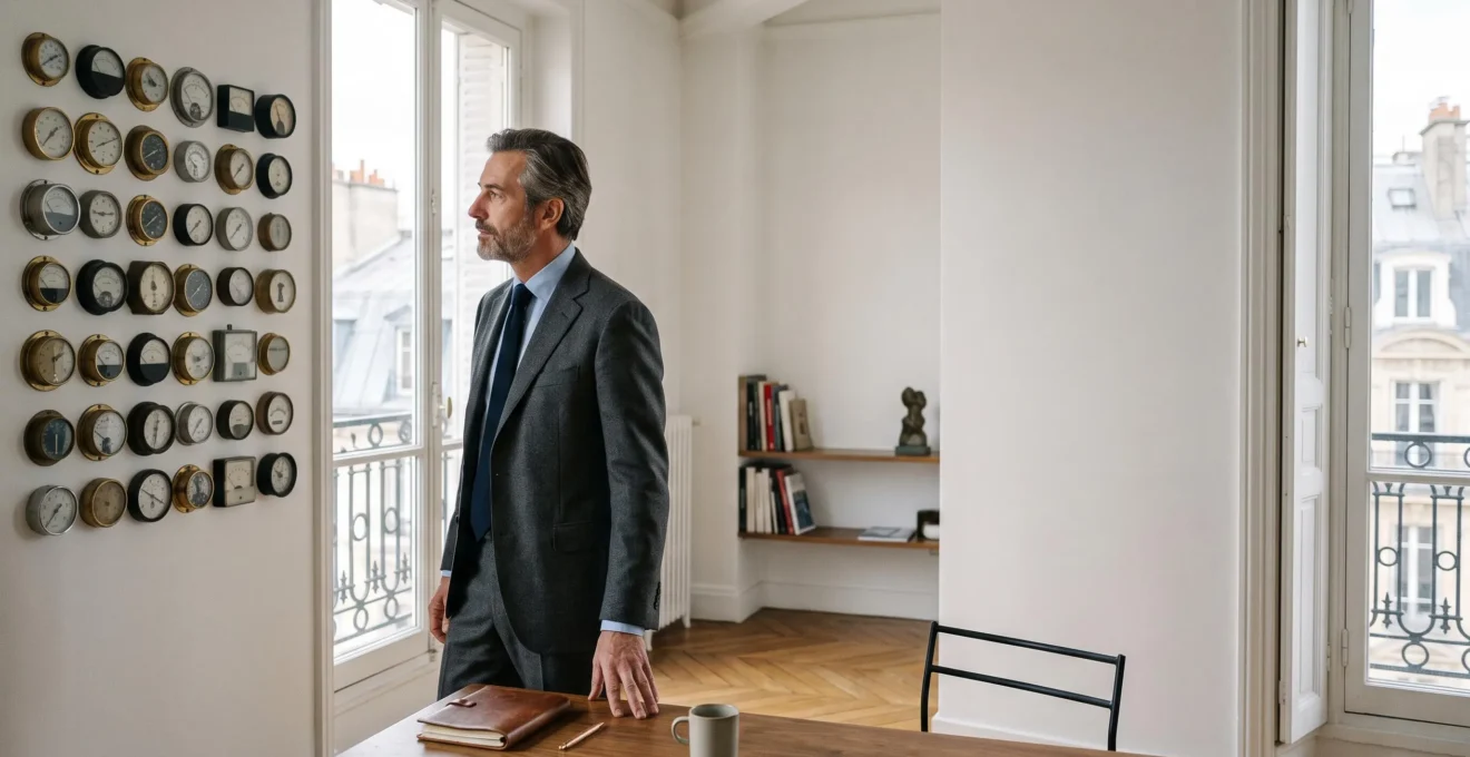 Dirigeant de PME française observant un tableau de pilotage stratégique dans un bureau lumineux au style haussmannien
