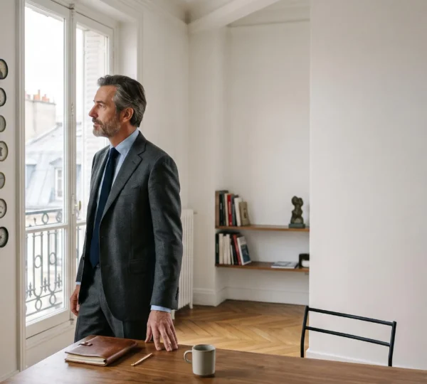 Dirigeant de PME française observant un tableau de pilotage stratégique dans un bureau lumineux au style haussmannien