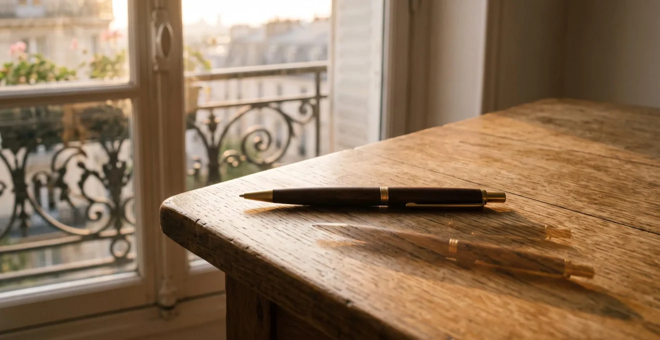 Un stylo elegant pose sur un bureau en bois, symbole de la communication par l'objet publicitaire durable