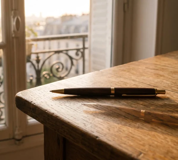 Un stylo elegant pose sur un bureau en bois, symbole de la communication par l'objet publicitaire durable