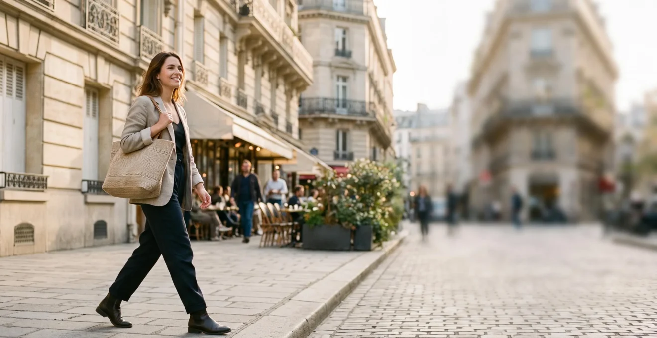 Jeune femme élégante portant un tote bag en lin texturé dans une rue parisienne ensoleillée, symbolisant une conversation de marque spontanée