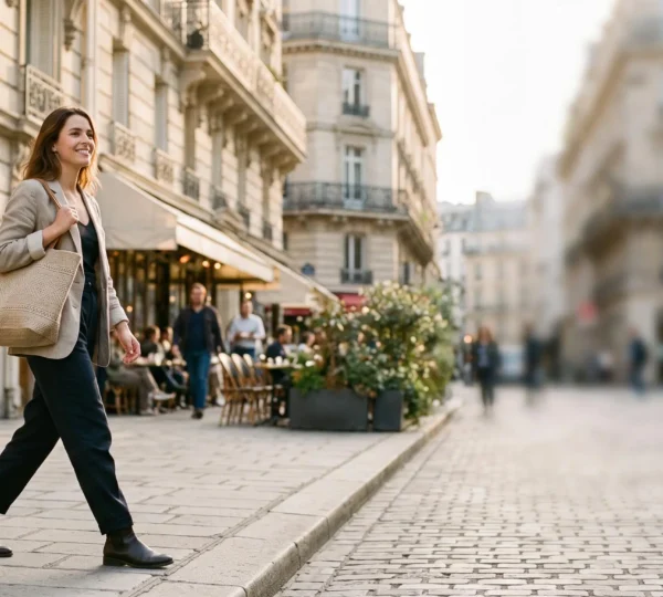 Jeune femme élégante portant un tote bag en lin texturé dans une rue parisienne ensoleillée, symbolisant une conversation de marque spontanée