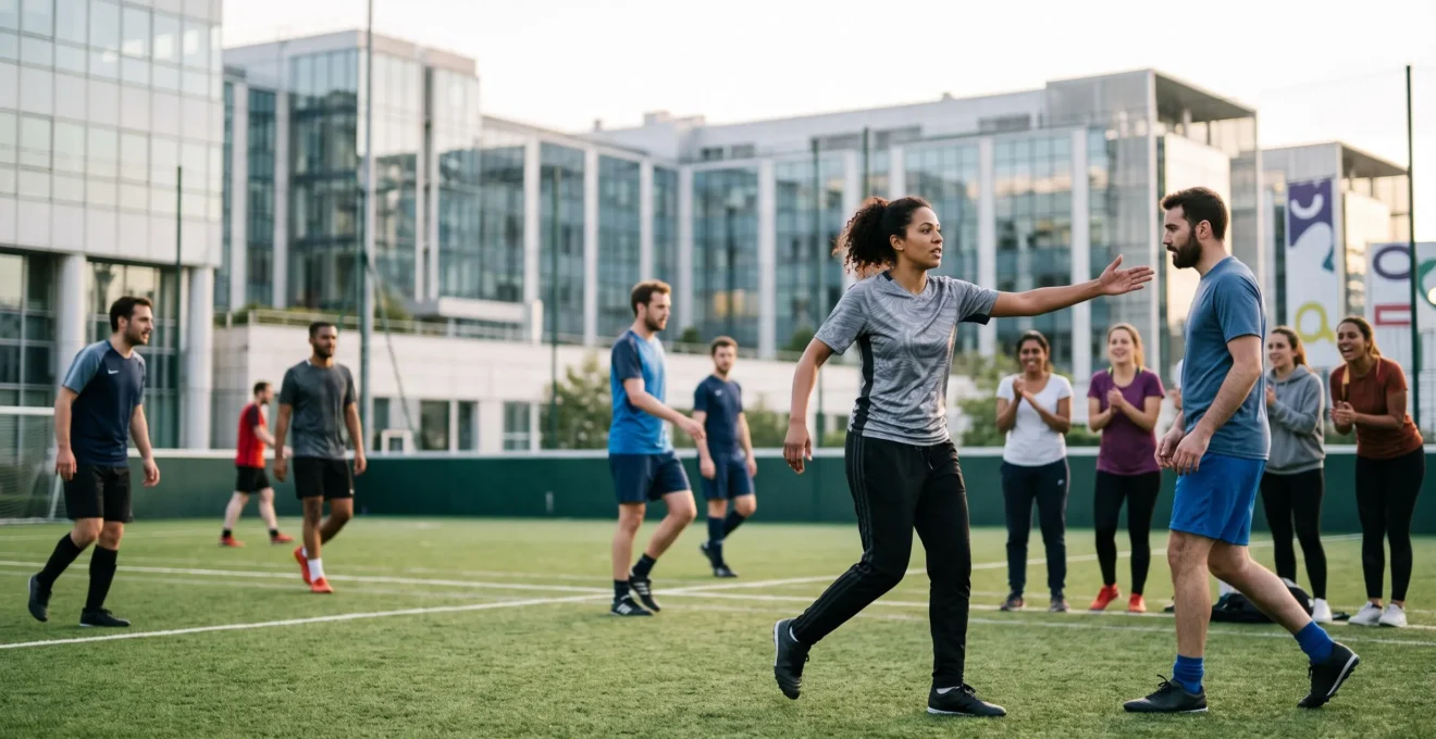 Salaries de differents services d'une entreprise francaise jouant un match de football amical sur un terrain synthetique urbain, illustrant l'emergence de leaders naturels