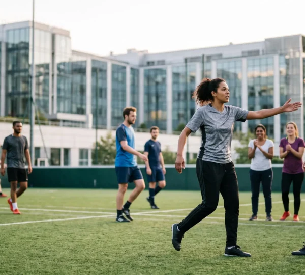 Salaries de differents services d'une entreprise francaise jouant un match de football amical sur un terrain synthetique urbain, illustrant l'emergence de leaders naturels