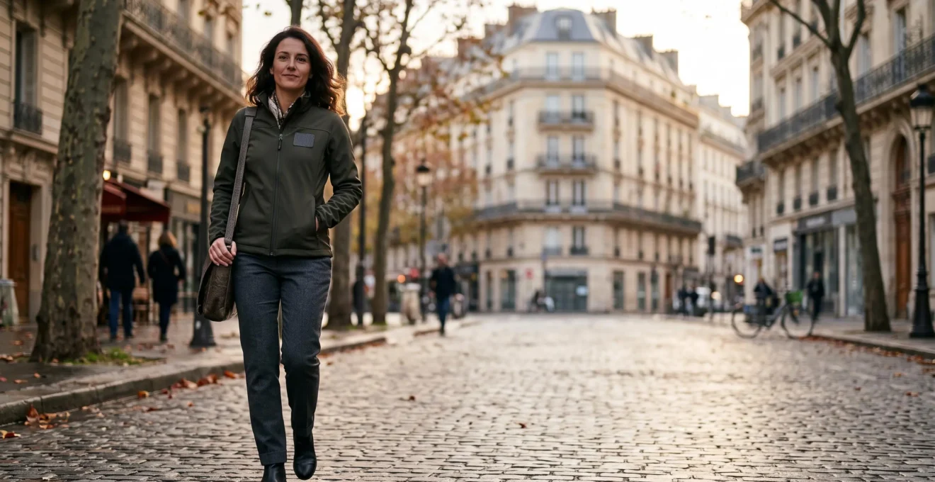Cadre professionnel français portant une veste softshell personnalisée dans une rue urbaine, illustrant la visibilité durable d'un cadeau d'entreprise