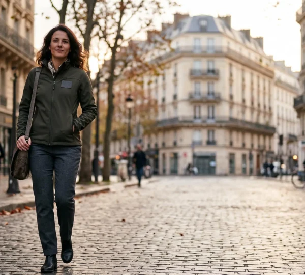 Cadre professionnel français portant une veste softshell personnalisée dans une rue urbaine, illustrant la visibilité durable d'un cadeau d'entreprise