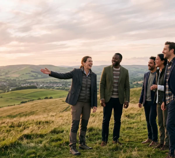 Groupe de cadres commerciaux francais au sommet d'une colline verdoyante partageant un moment de cohesion lors d'un voyage de motivation